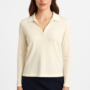 Lord & Taylor Cream Pima Cotton Collared Long Sleeve Top Size L